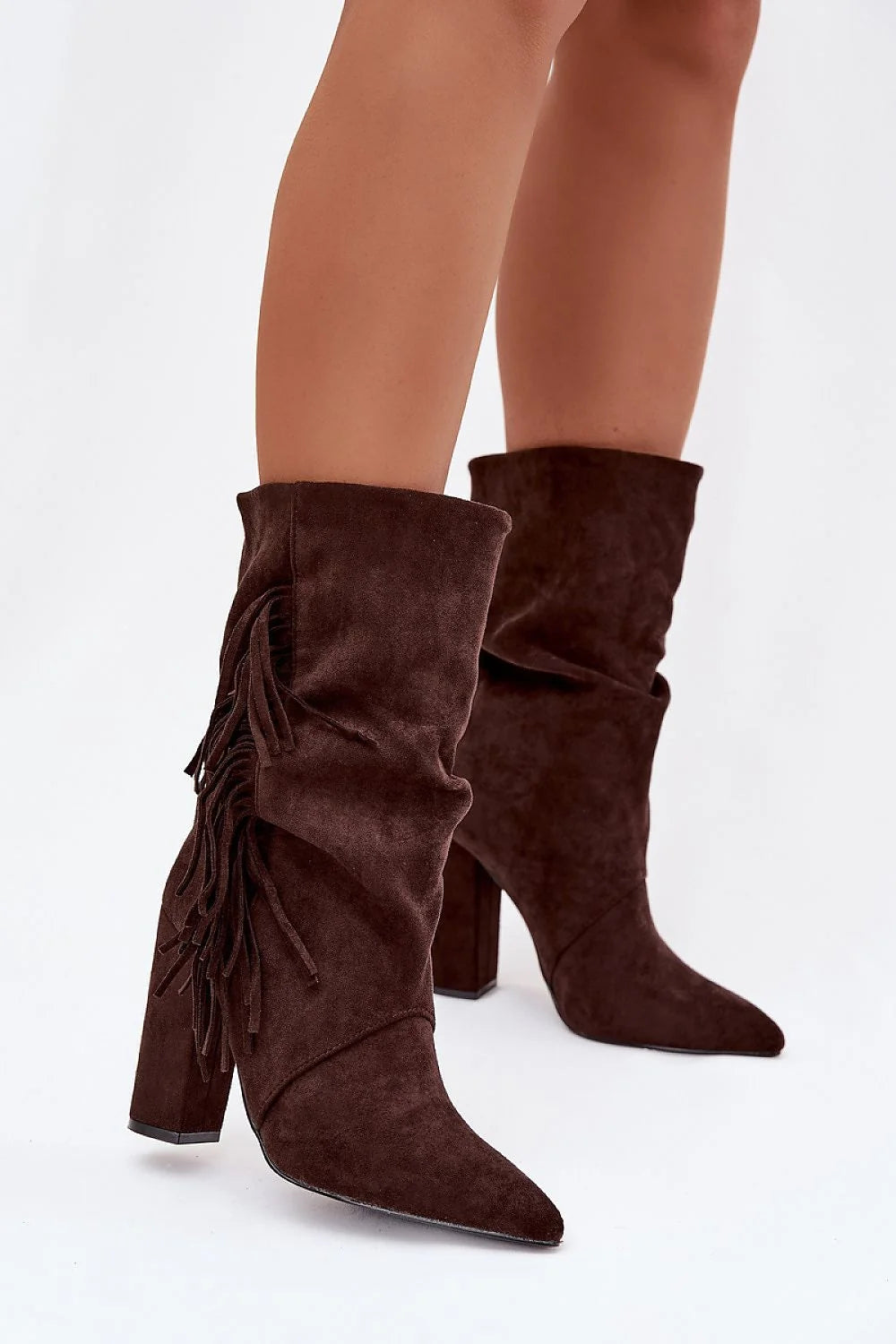 bottes mi mollet femme suédine marron talon colonne haut bout pointu effilé tige froncée franges western doublure fourrure chaude