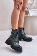 Bottines femmes style combat cuir naturel vert foncé talon plat semelle épaisse fermeture éclair métallique