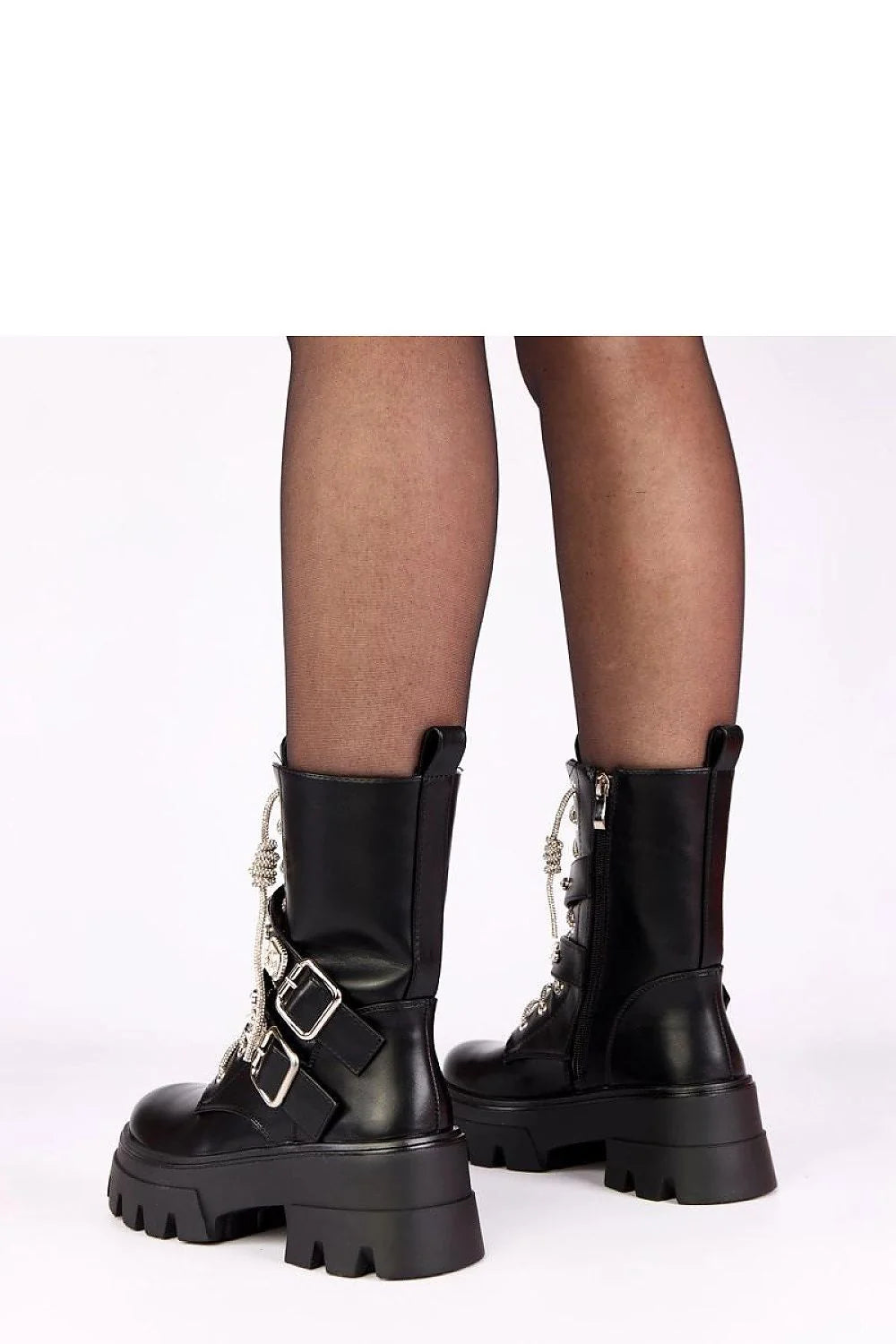 bottines femme noir simili cuir lisse biker militaire mi mollet chunky plateforme crantée talon6cm lacées zippée latérale sangles boucles zircons