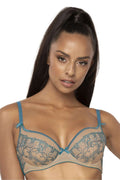 Soutien-gorge féminin élégant dentelle tulle nude turquoise coupe balconnet bretelles réglables fermeture crochets femme
