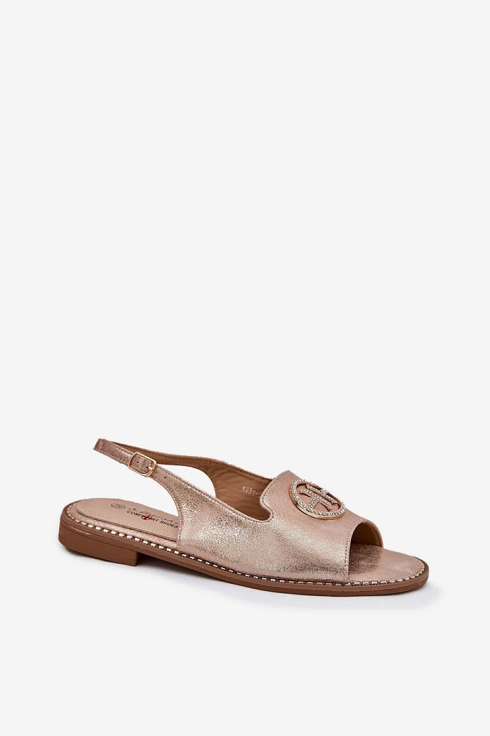 Sandales dorées métalliques pour femmes style élégant ouvert orteils logo strass Talon plat Summer shoes