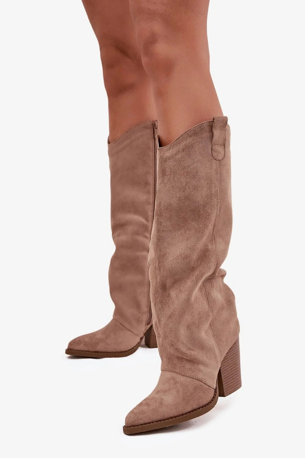 bottes femme cowboy western suédine écologique taupe rosé mi mollet tige droite bride maintien empiècement amande pointu talon bloc empilé