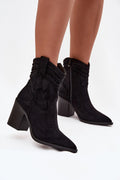 bottines femme western cowboy suédine écologique noir bout pointu talon massif 9cm fermeture zippée tressage surpiqûres semelle confort automne
