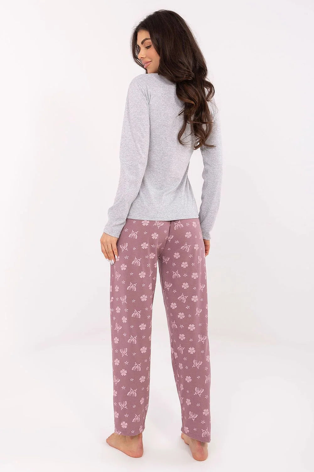 Pyjama femme deux pièces haut manches longues col rond imprimé papillon pantalon taille élastique rose poudré coton doux