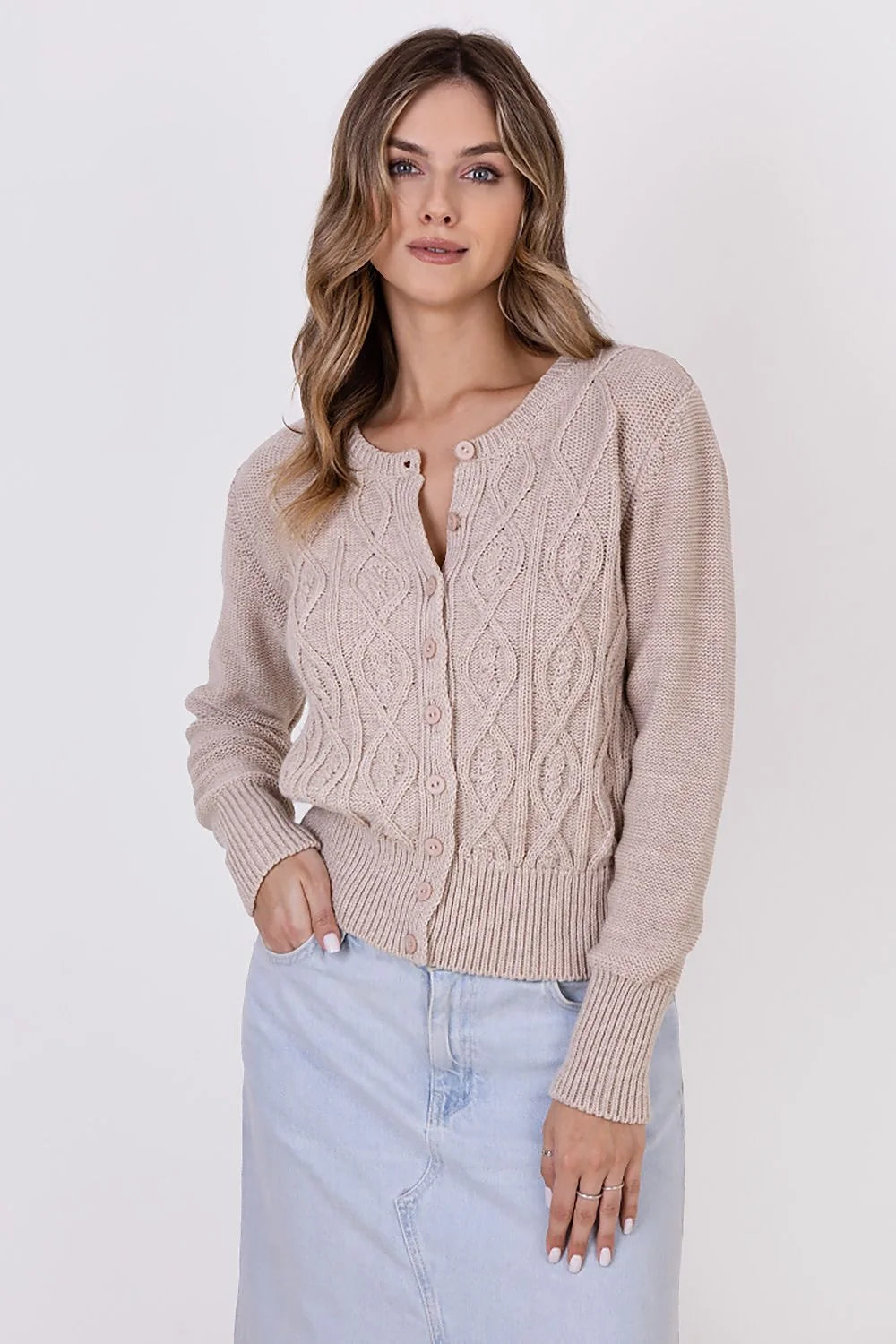 Cardigan élégant pour femme longueur hanches manches longues encolure ronde côtelé tricot torsadé beige clair