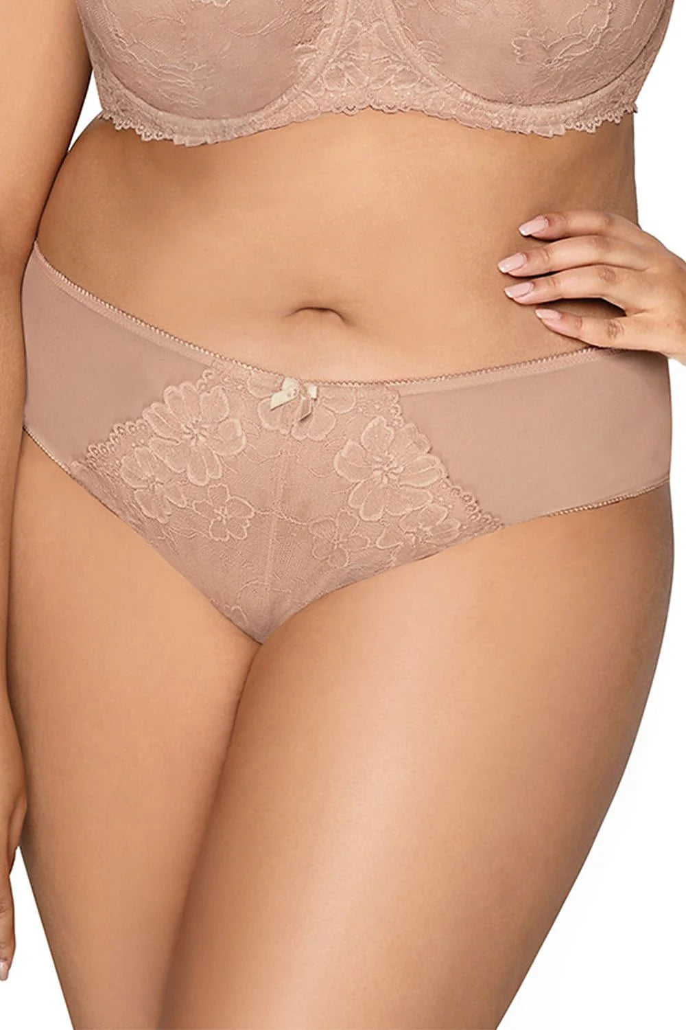 ensemble lingerie féminine nude dentelle florale soutien gorge balconnet culotte mi haute microfibre douce élasthanne confortable maintien armatures noeud satiné