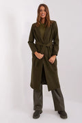 Manteau pour femmes long élégant moderne coupe droite tombe mi-mollet couleur kaki matériau laine mélange manches longues col à revers ceinture intégrée poches latérales