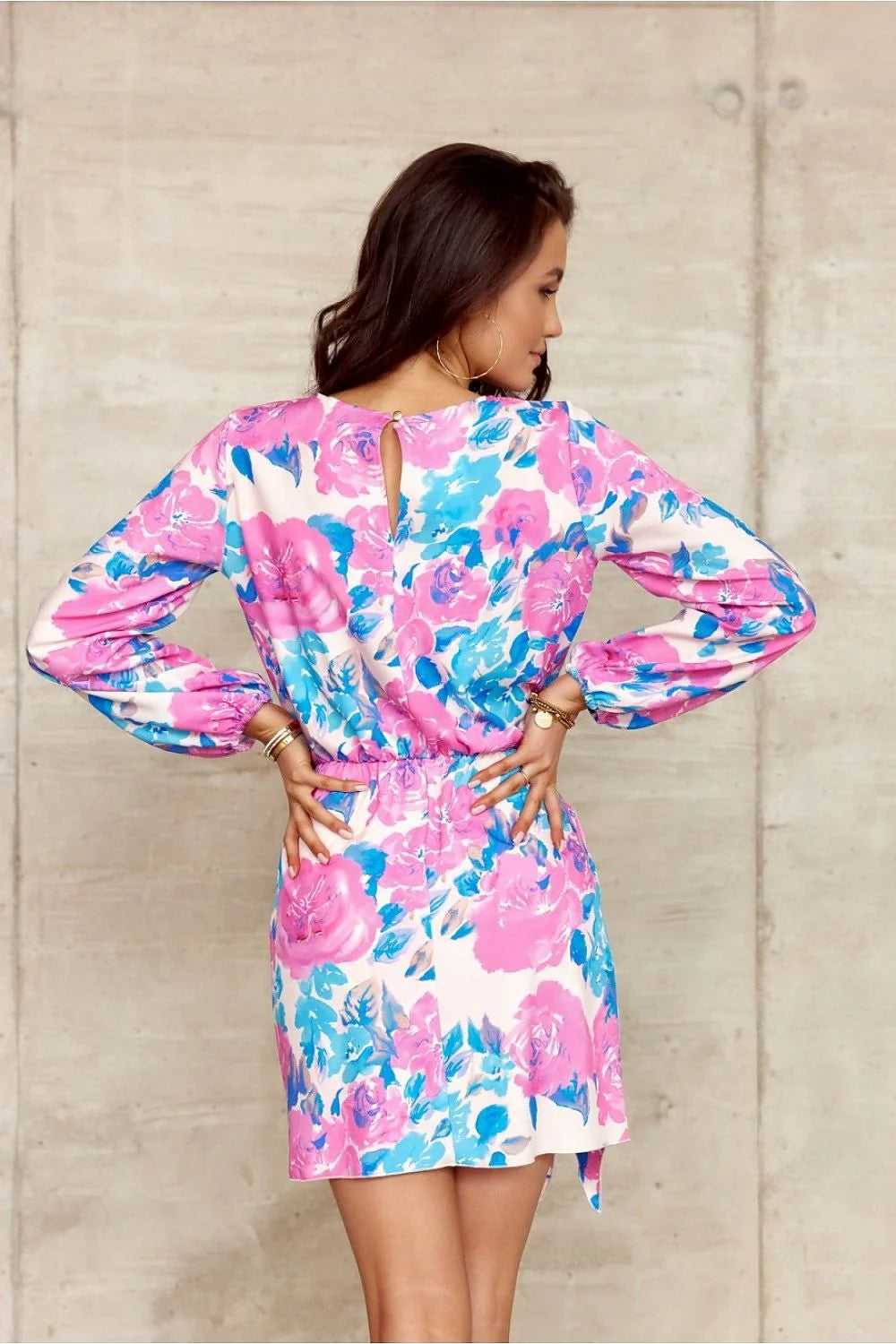 Robe de jour féminine imprimée floral rose bleu blanc tissu léger manches longues élastique poignet