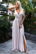 Robe de soirée élégante longue sans manches encolure V croisée fente haute dos zip femme