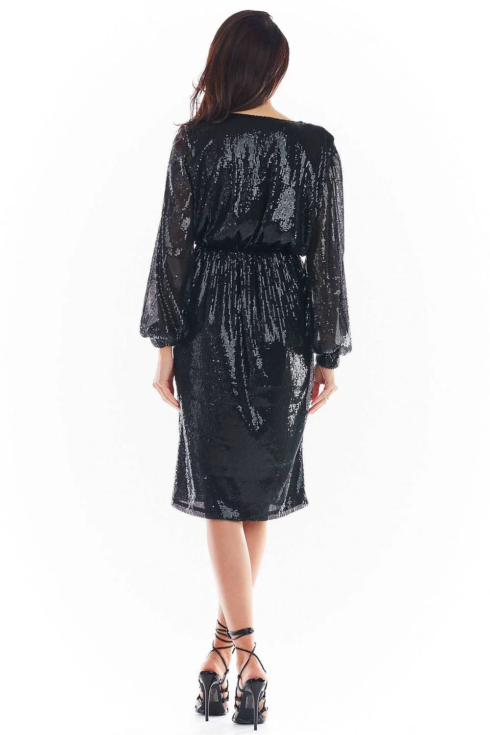 Robe de soirée élasthanne polyester paillettes encolure V manches longues ajustable élégante femme moderne