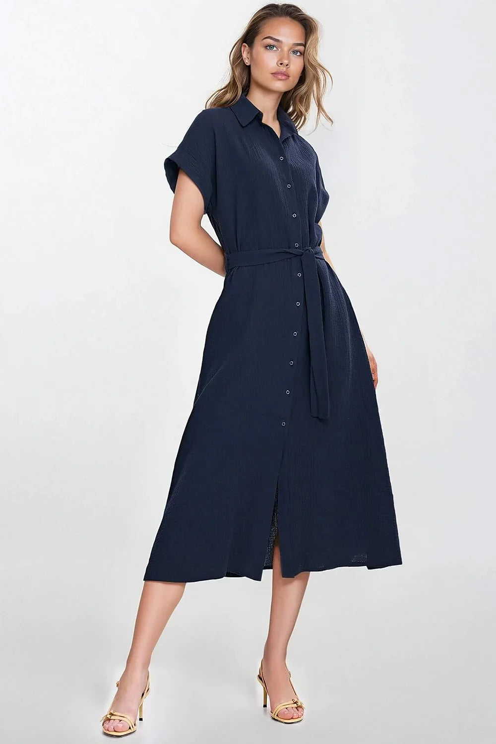 Robe longue classique chemisier bleu marine manches courtes col rond ceinture tissu femme été