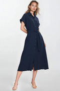 Robe longue classique chemisier bleu marine manches courtes col rond ceinture tissu femme été