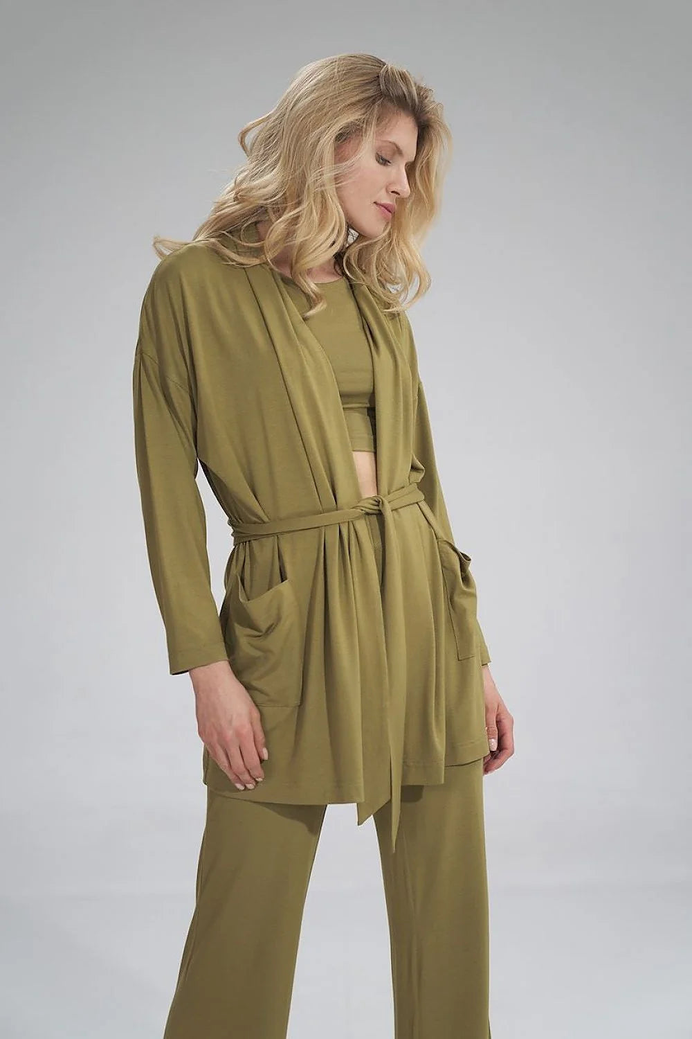 Ensemble kimono et top court en coton modal gris clair confortable style décontracté pour femmes