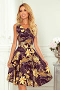 Robe de soirée élégante évasée sans manches col V motif feuilles dorées couleur noire femmes taille ajustable