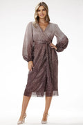 Robe de soirée élégante longueur midi manches longues tissu métallique effet ombré dégradé couleur unique