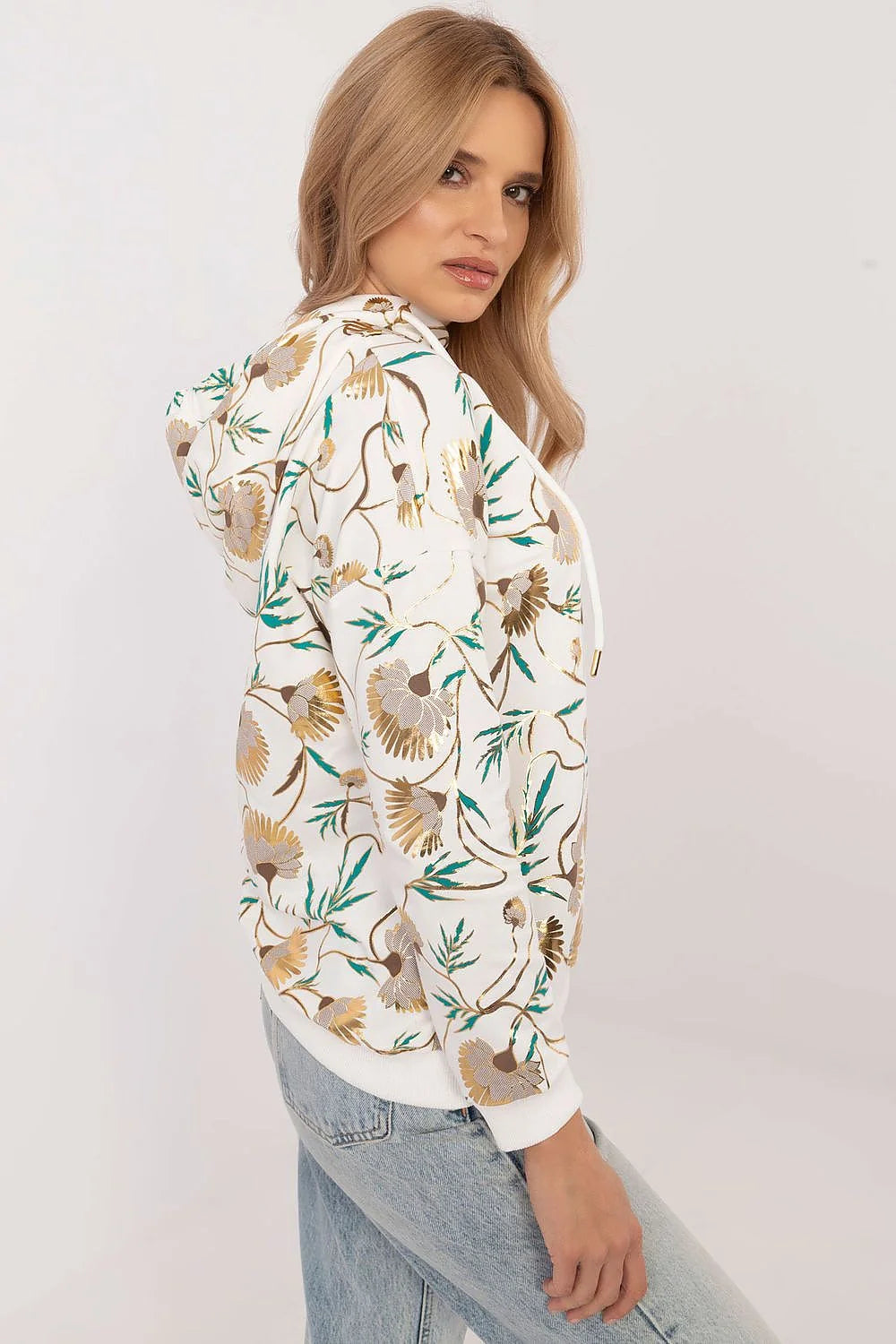 Sweatshirt à capuche floral femme coton polyester design moderne style élégant motifs dorés marron vert longueur standard manches longues