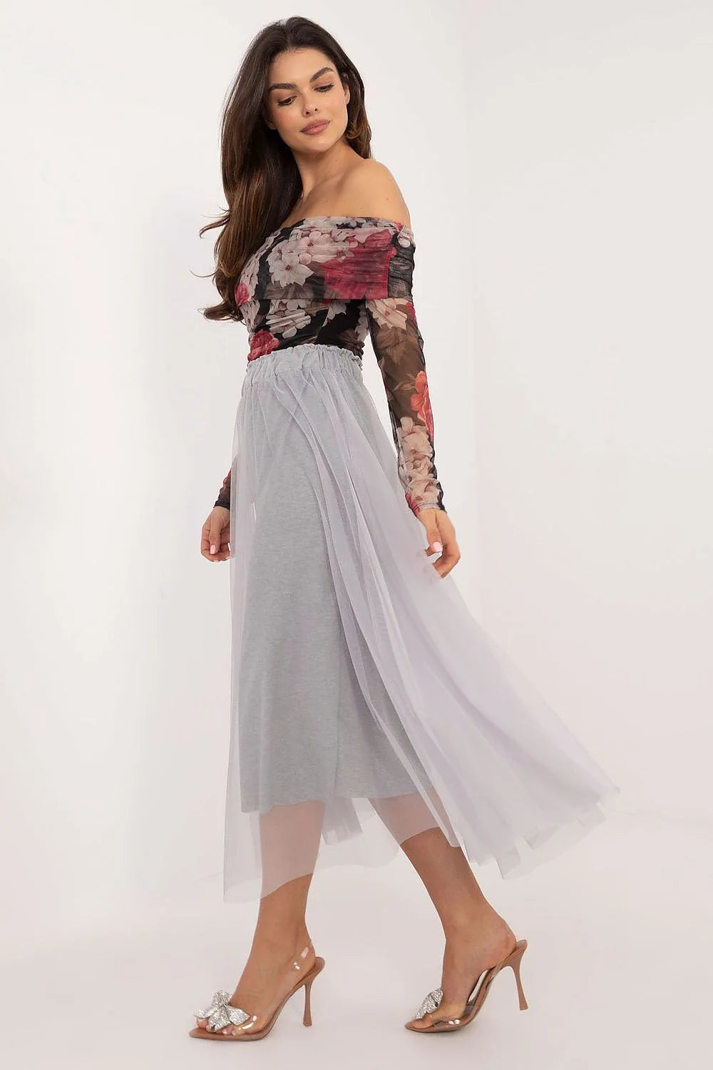 Ensemble femme élégant haut asymétrique jupe tulle floral motif coloré tissu extensible taille élastique occasion spéciale