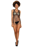 Body lingerie résille noire doré sexy audacieux transparence motif filet séduction nuit féminine glamour