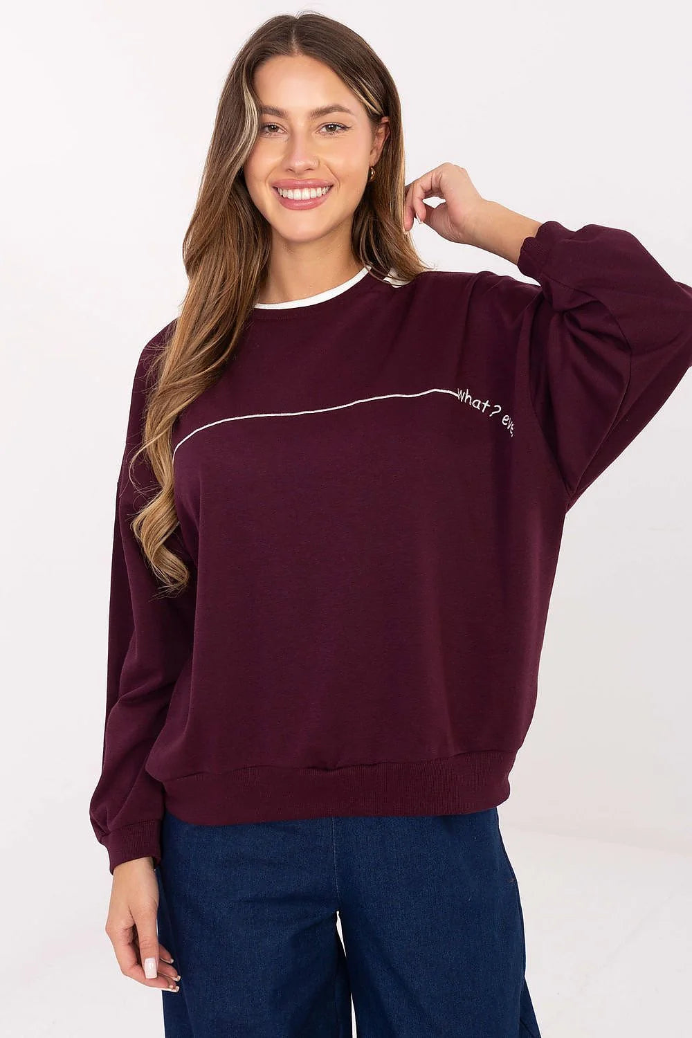 sweatshirt oversize femme prune molleton coton polyester col rond manches longues épaules tombantes coupe décontractée broderie minimaliste