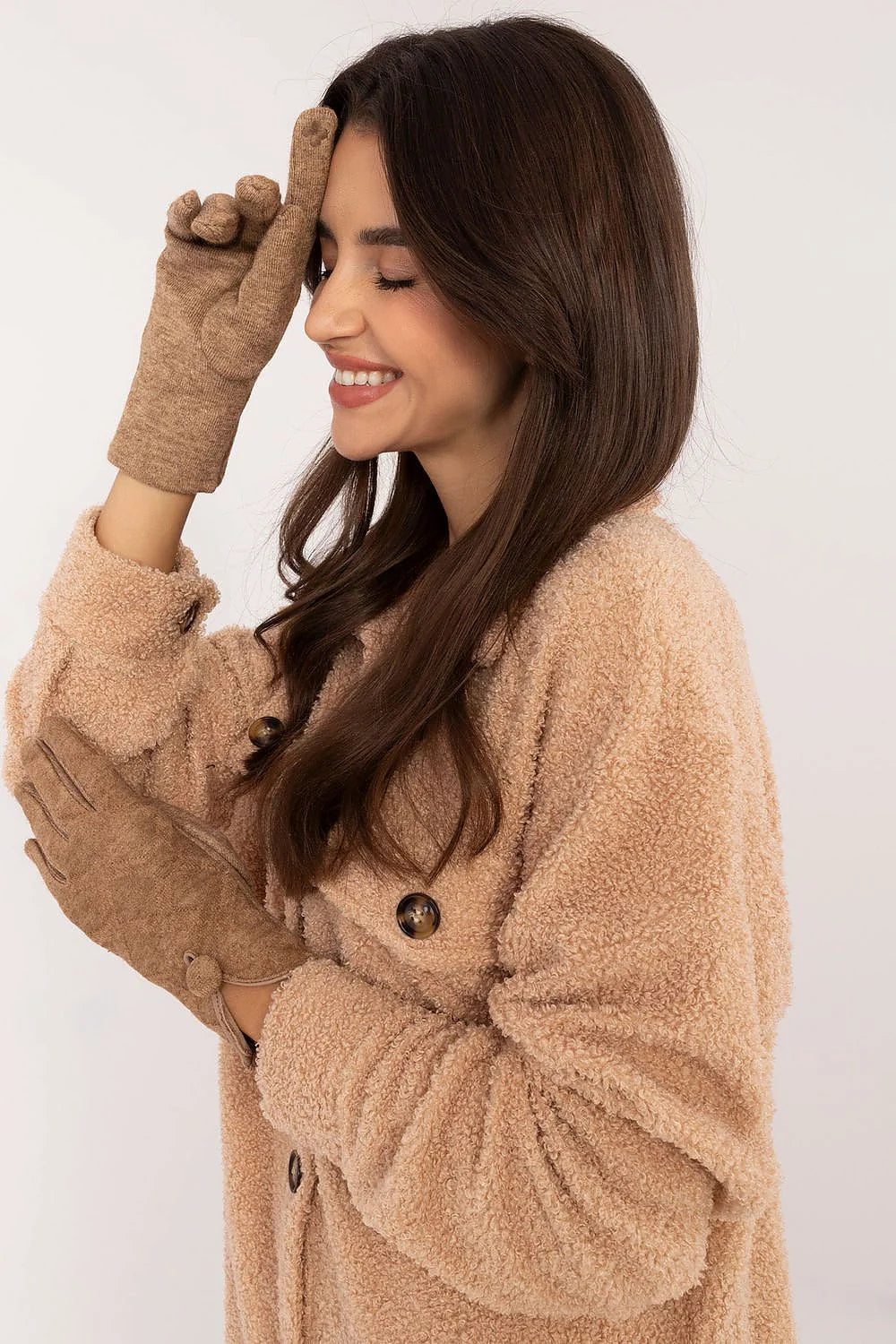 Gants élégants pour femmes en tissu lisse isolé bouton décoratif fente poignet fleur brodée index téléphone sans enlever beige clair