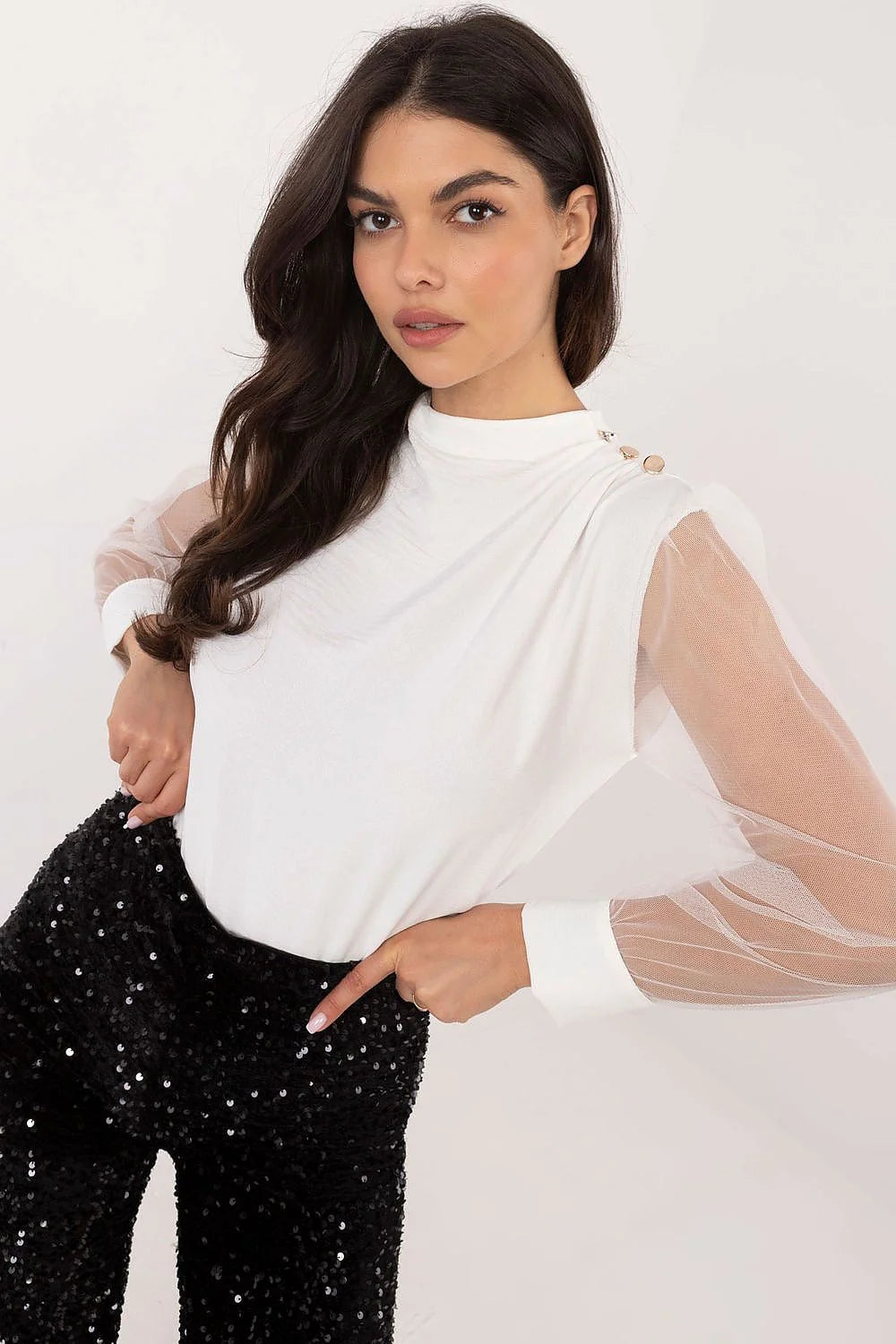 Haut et pantalon pour femme élégant moderne couleur blanche et noire sequins maille transparente ajusté femmes occasion spéciale