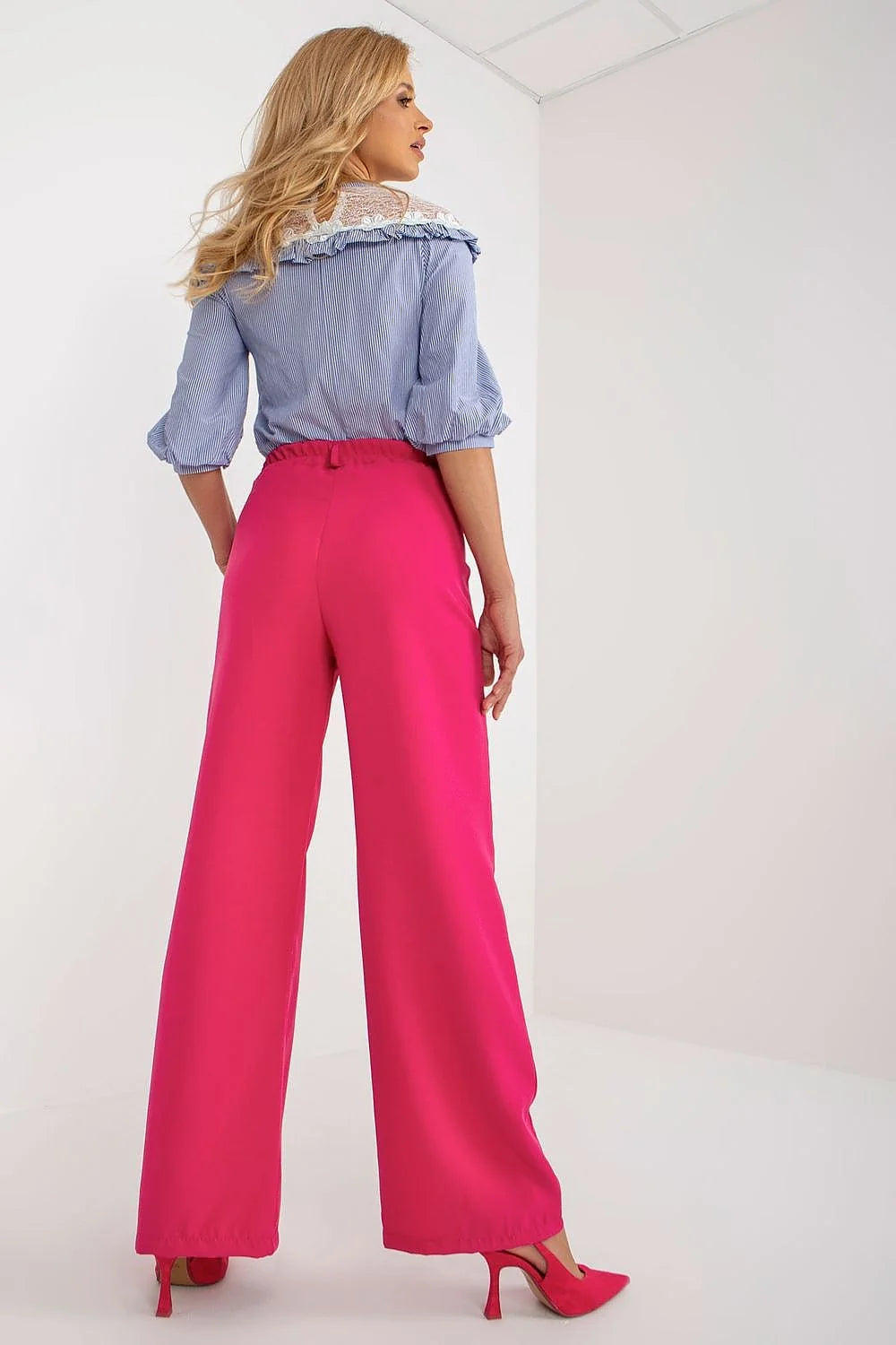 Pantalon femme style italien élégant plis hauteur taille poches zippées couleur rose vif polyester elasthanne