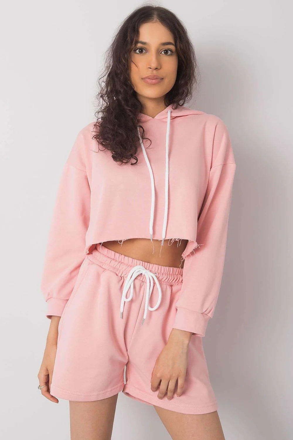 Ensemble Ex Moda pour femme, hoodie court et short assorti, style décontracté, rose pâle, coton 70% polyester 30%