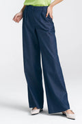 Pantalon long femme à jambes larges en coton 100% bleu marine taille haute ceinture ajustable coupe droite