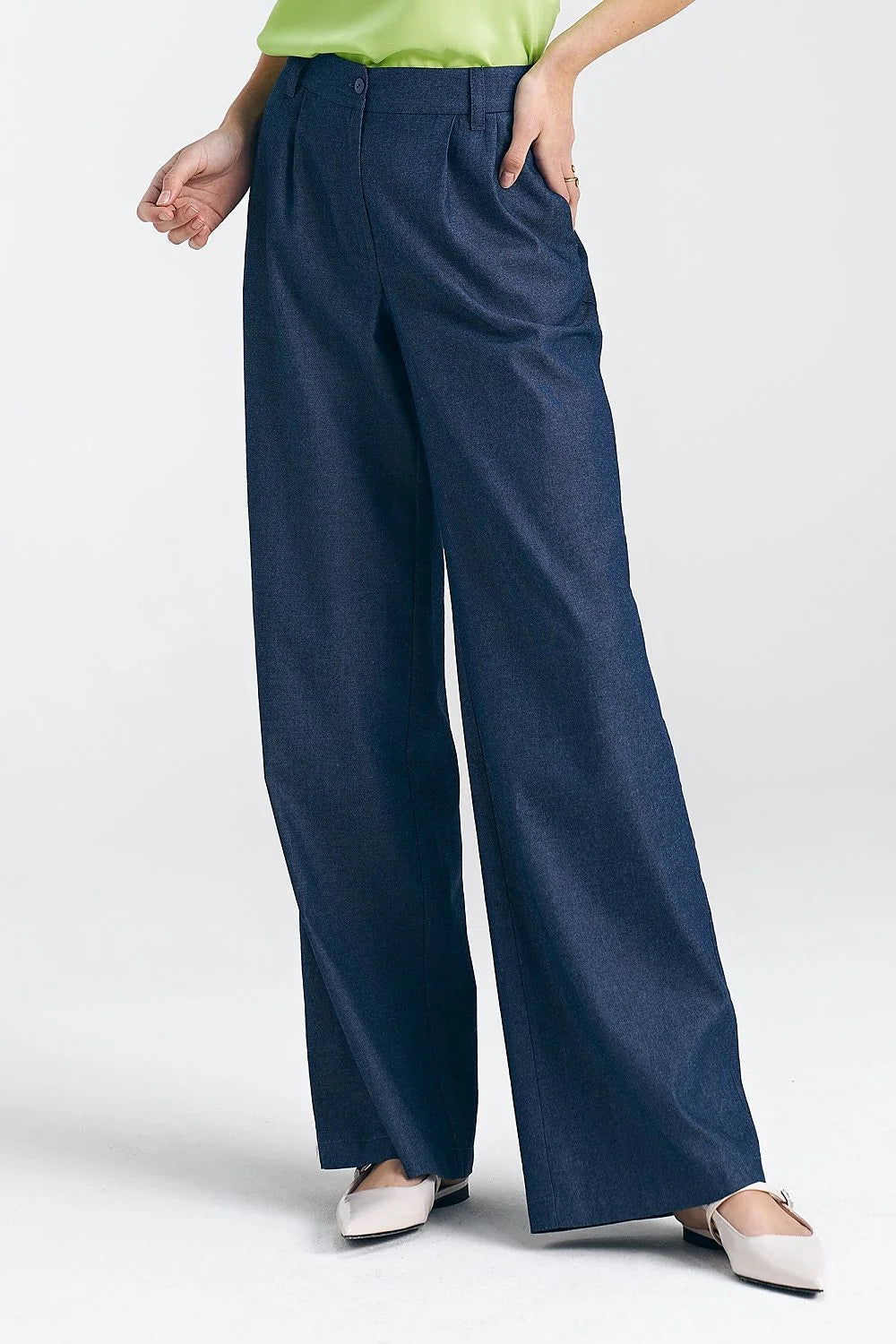 Pantalon long femme à jambes larges en coton 100% bleu marine taille haute ceinture ajustable coupe droite