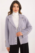 Veste pour femme élégante en laine pelucheuse lavande doux col à revers manches zippées dorées poches zippées modernes