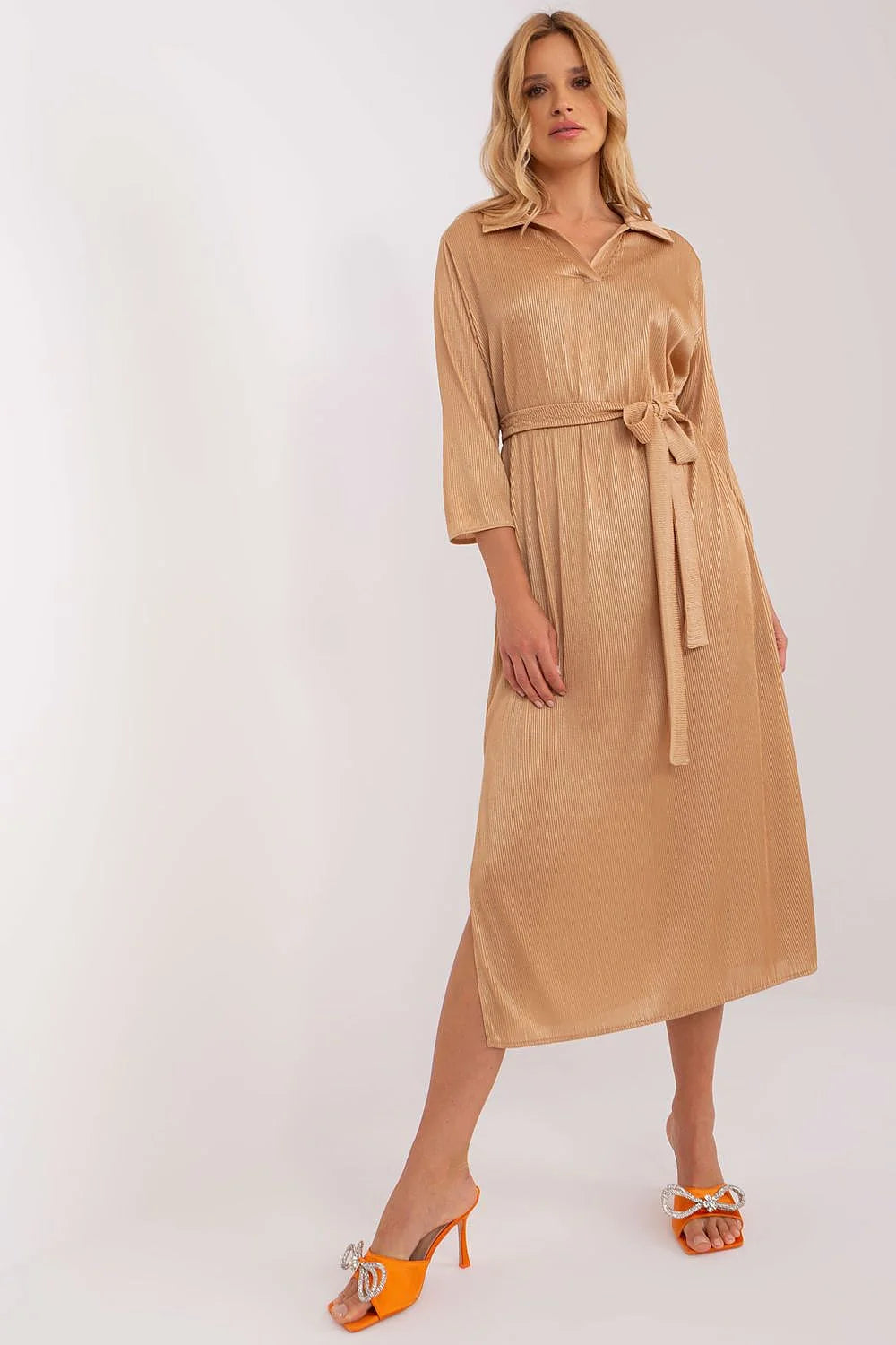 Robe de jour Lakerta élégante en tissu côtelé doré champagne manches 3/4 ceinture ajustable pour femmes