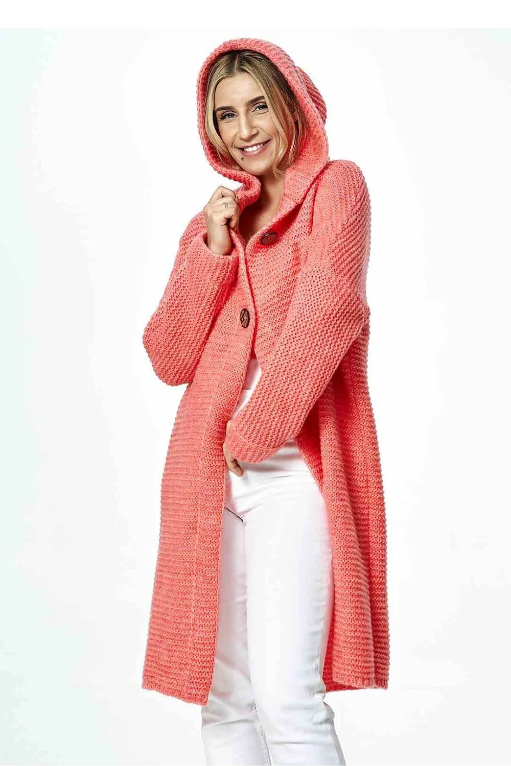 Cardigan femme moderne en laine et acrylique, couleur corail, longueur genoux, capuche intégrée, manches longues, sans poches, taille universelle