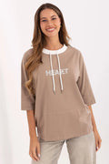 chemisier femme décontracté broderie lacets décolleté rond manches troisquarts coupe loose col contrasté cordons métalliques taupe jersey coton stretch pailleté