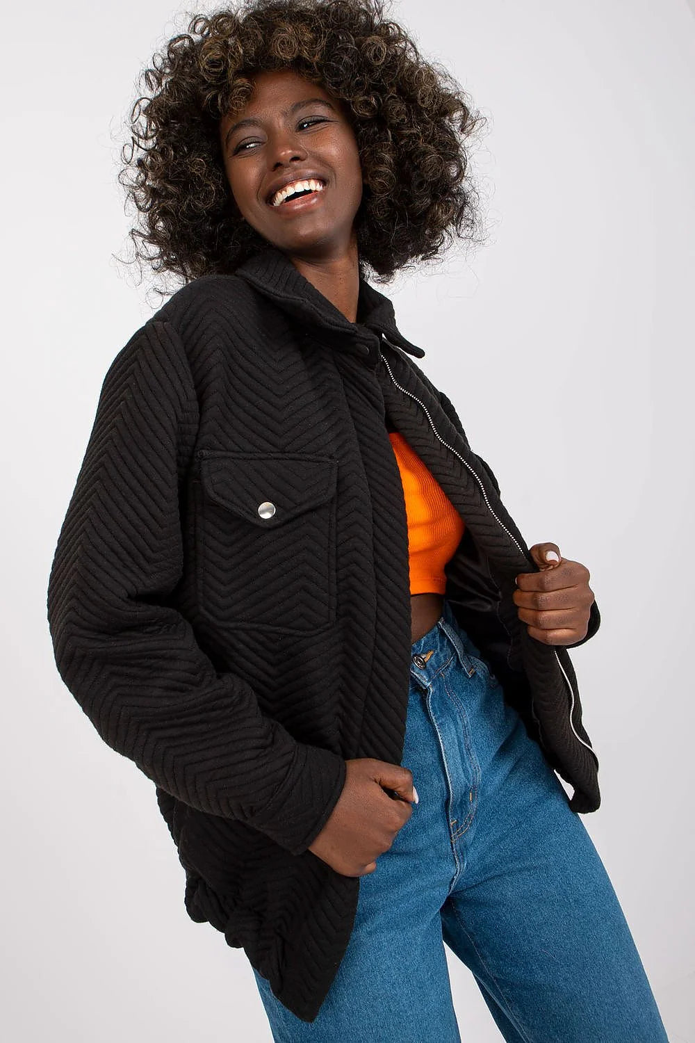 Veste Rue Paris noire style urbain Casual chevrons longues manches ample fermeture éclair femme