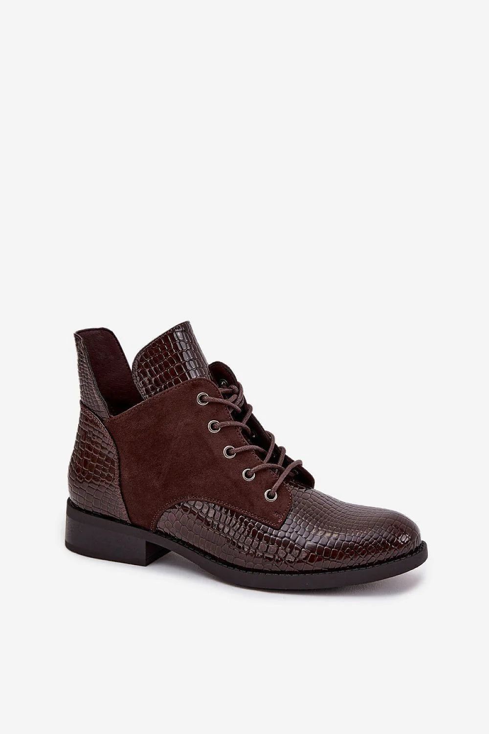bottines femme cuir artificiel effet croco empiècements daim bout pointu cheville lacets œillets zip latéral talon bas bloc semelle antidérapante