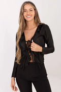 chemise femme noire courte cachecoeur volants manches longues décolleté profond lien noué stretch léger polyester viscose cintrée élégante romantique soirée