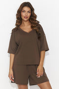 Ensemble féminin maille fine confort chemisier encolure cœur manches évasées short amples poches latérales couleur marron