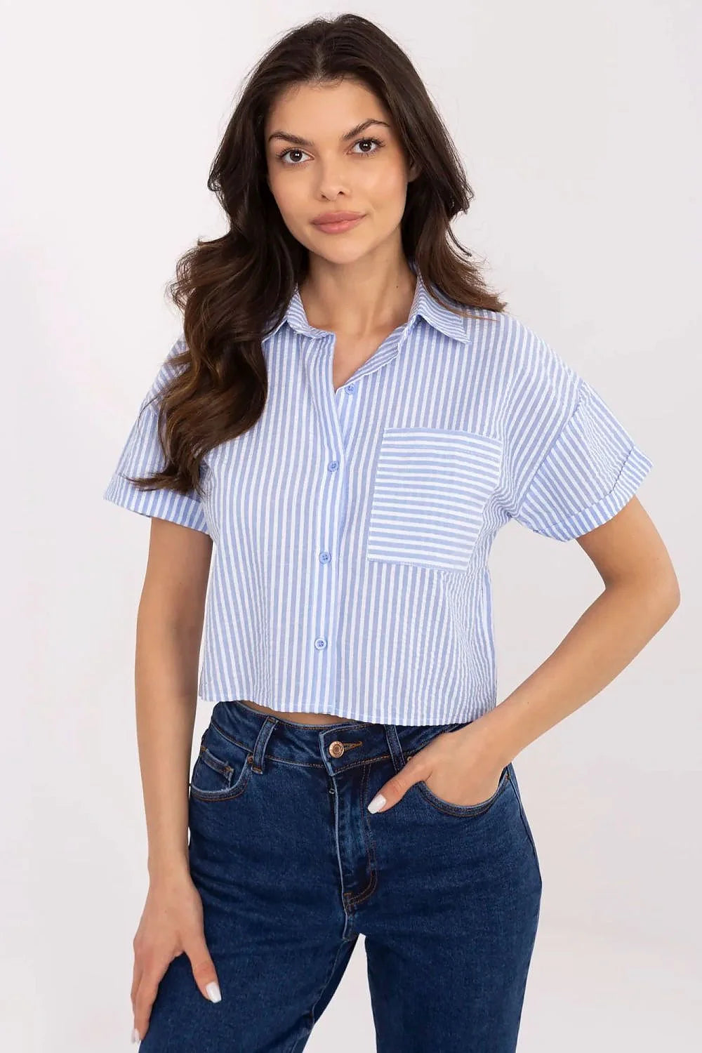 Chemise manche courte femme rayures bleu blanc col classique coton respirant poche poitrine été