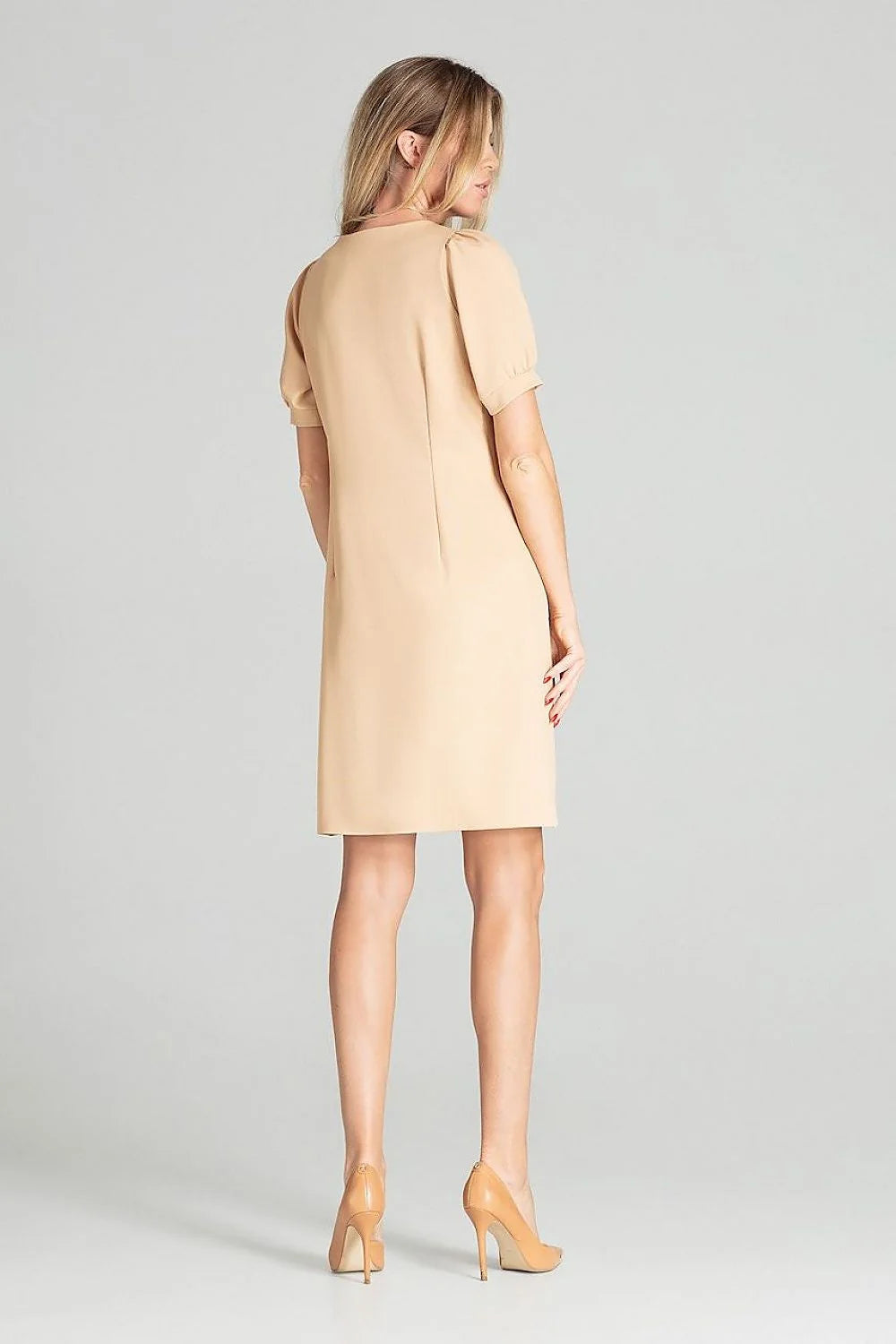 Robe élégante polyester bleu coupe droite genou manches courtes puffed femme style moderne sophistiqué