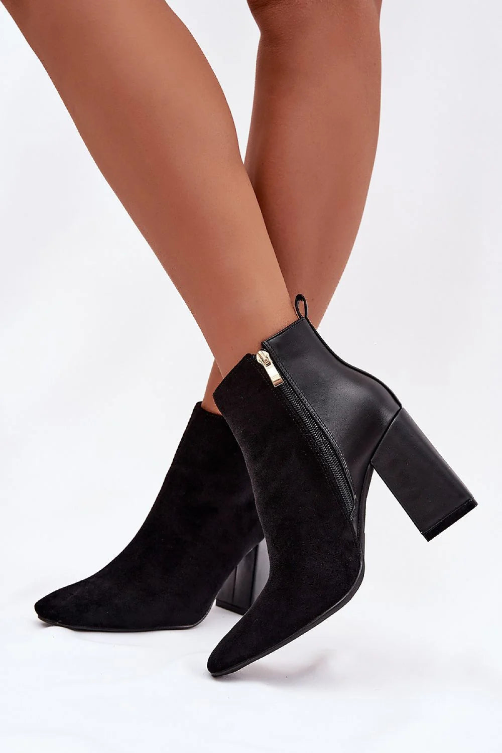 bottines femme suède cuir écologique noir talon bloc haut pointu cheville fermetureéclair doré bride mousse doublure confortable élégantes