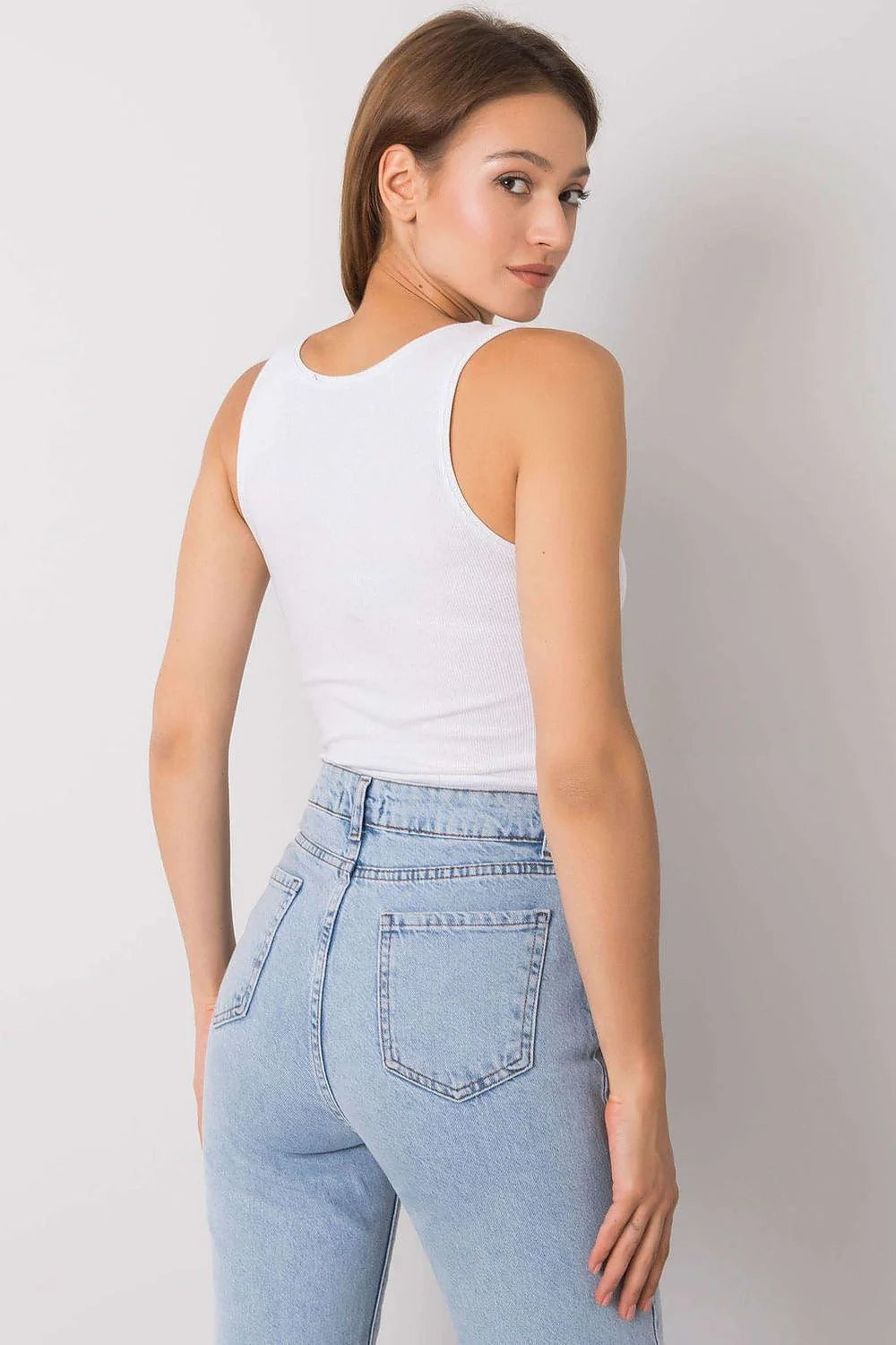 Débardeur féminin élégant sans manches en coton 95% élasthanne 5% col en V contrastant poche discrète taille ajustable