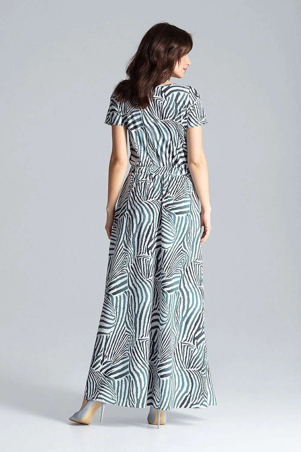 Robe longue pour femme manches courtes style épuré couleur rose saumon taille élastiquée sans fermeture ni poches mode été