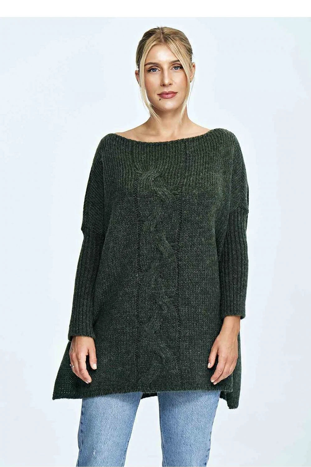 Pull pour femme ample en maille laine tricoté oversized épaules tombantes manches longues encolure bateau fentes côté couleur vert foncé