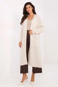 cardigan long femme oversize ouvert ivoire maille moelleuse duveteuse coupe droite épaules tombantes bords côtelés poches plaquées manches longues