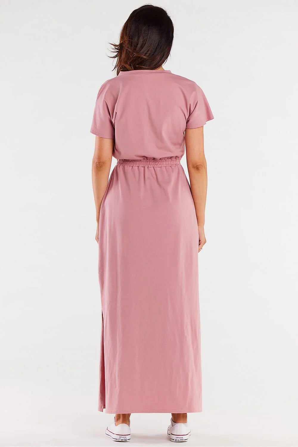 Robe Casual Chic Femme Rose Poudré Coton Léger Décolleté en V Taille Cintrée Occasion Jour