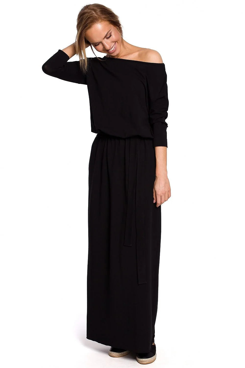 Robe de jour Moe longue manches 3/4 coupe droite coton élasthanne ceinture assortie femme tailles S/M à 2XL/3XL