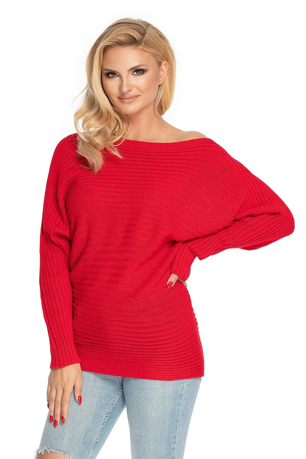 Pull femme style moderne élégant encolure bateau manches longues coupe ample ourlet côtelé matériau acrylique 100% couleur rouge vif