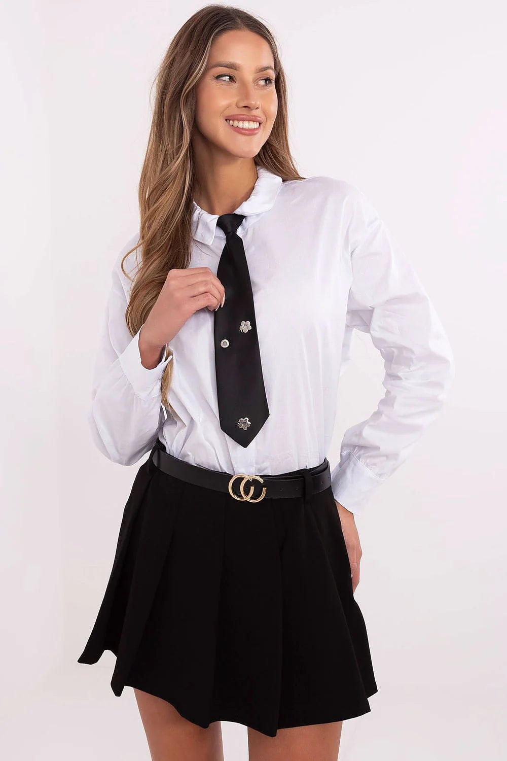 chemise femme manches longues popeline blanche col classique boutons cravate amovible satinée broches florales coton elasthanne coupe universelle