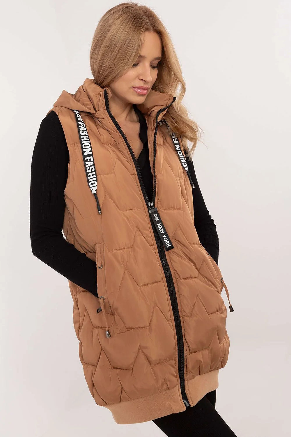Gilet matelassé pour femme longueur genou sans manches style urbain couleur camel polyester isolation thermique