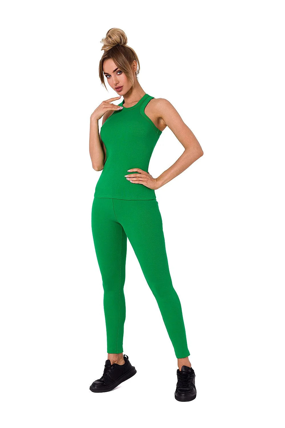 ensemble sportif femme maille côtelée vert émeraude ajusté débardeur col rond sans manches pantalon taille haute extensible respirant